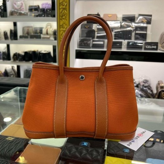 東區正精品㊣HERMES MINI GARDEN PARTY GP 23cm 愛馬仕橘色帆布拚皮革銀釦花園派對包手提包 方塊I刻 RZ6265-0