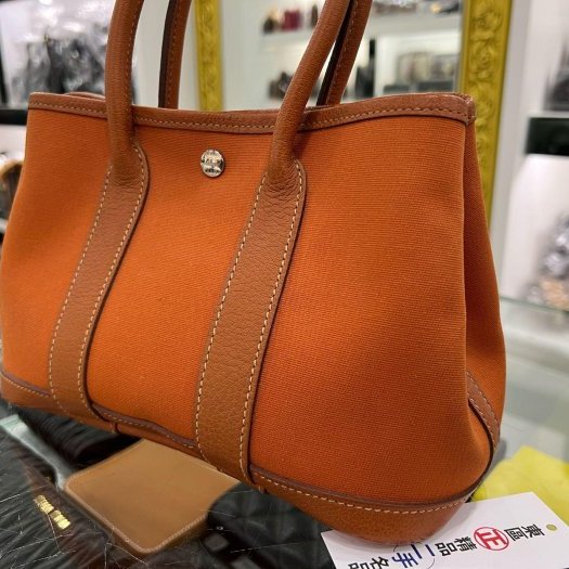 東區正精品㊣HERMES MINI GARDEN PARTY GP 23cm 愛馬仕橘色帆布拚皮革銀釦花園派對包手提包 方塊I刻 RZ6265-1