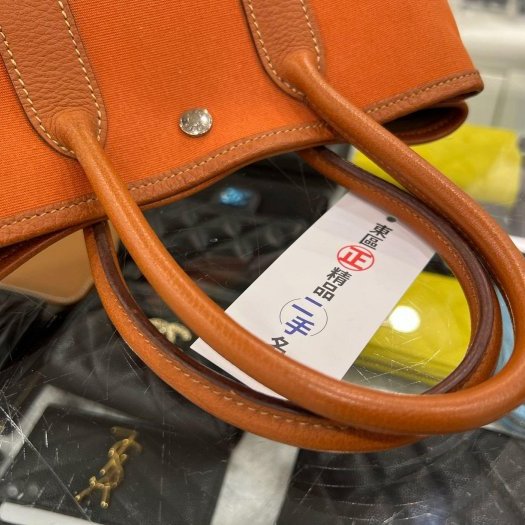 東區正精品㊣HERMES MINI GARDEN PARTY GP 23cm 愛馬仕橘色帆布拚皮革銀釦花園派對包手提包 方塊I刻 RZ6265-9