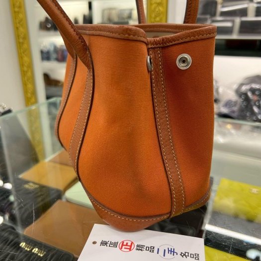 東區正精品㊣HERMES MINI GARDEN PARTY GP 23cm 愛馬仕橘色帆布拚皮革銀釦花園派對包手提包 方塊I刻 RZ6265-10