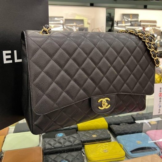 東區正精品㊣CHANEL MAXI JUMBO COCO 33CM 香奈兒黑色荔枝皮牛皮金鍊單蓋雙鍊肩背包 RZ5776-1