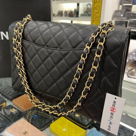 東區正精品㊣CHANEL MAXI JUMBO COCO 33CM 香奈兒黑色荔枝皮牛皮金鍊單蓋雙鍊肩背包 RZ5776-6