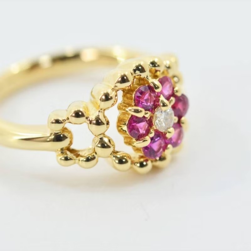 Christian Dior 18K金 天然紅寶石花簇鑽石戒指-4