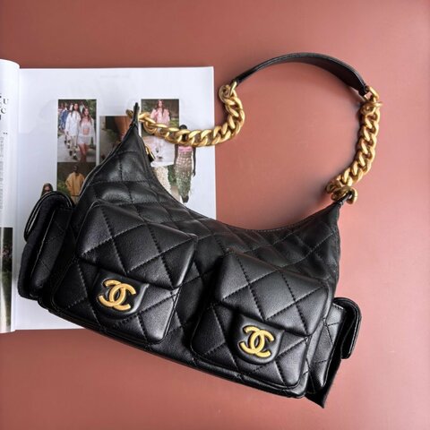 ::CHANEL:: AS5339 香奈兒 經典菱格黑色羊皮 霧金粗鍊肩背流浪包 HOBO 肩背包 腋下包