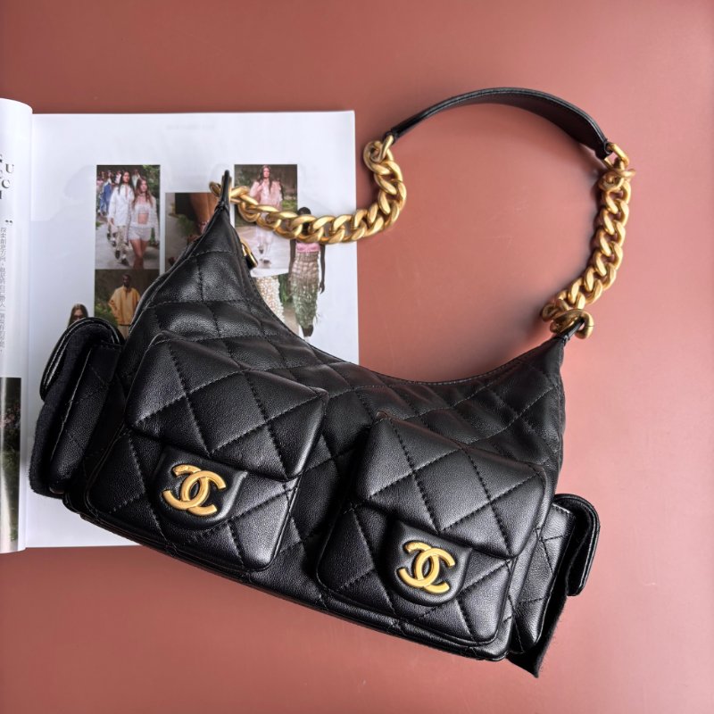 ::CHANEL:: AS5339 香奈兒 經典菱格黑色羊皮 霧金粗鍊肩背流浪包 HOBO 肩背包 腋下包-0