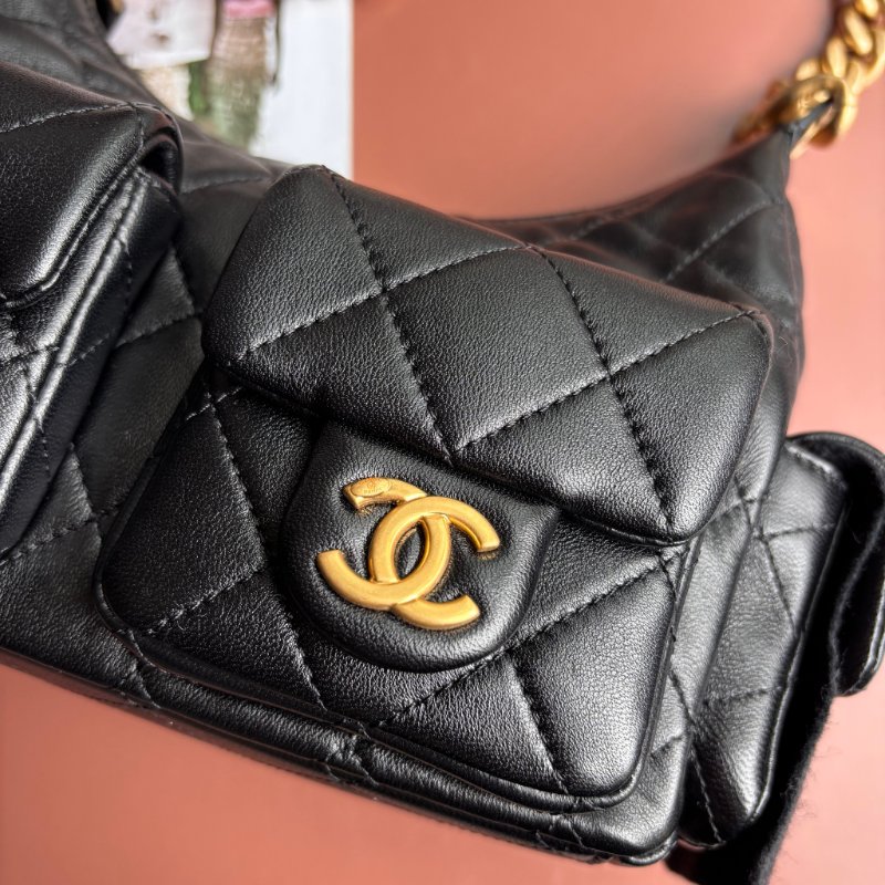 ::CHANEL:: AS5339 香奈兒 經典菱格黑色羊皮 霧金粗鍊肩背流浪包 HOBO 肩背包 腋下包-4