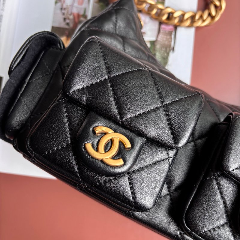 ::CHANEL:: AS5339 香奈兒 經典菱格黑色羊皮 霧金粗鍊肩背流浪包 HOBO 肩背包 腋下包-5