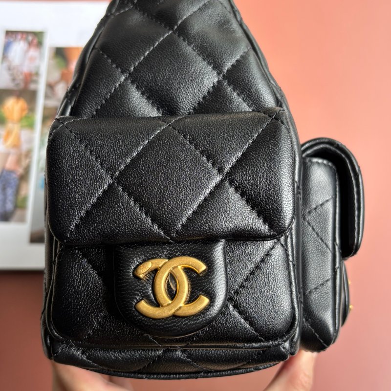 ::CHANEL:: AS5339 香奈兒 經典菱格黑色羊皮 霧金粗鍊肩背流浪包 HOBO 肩背包 腋下包-10