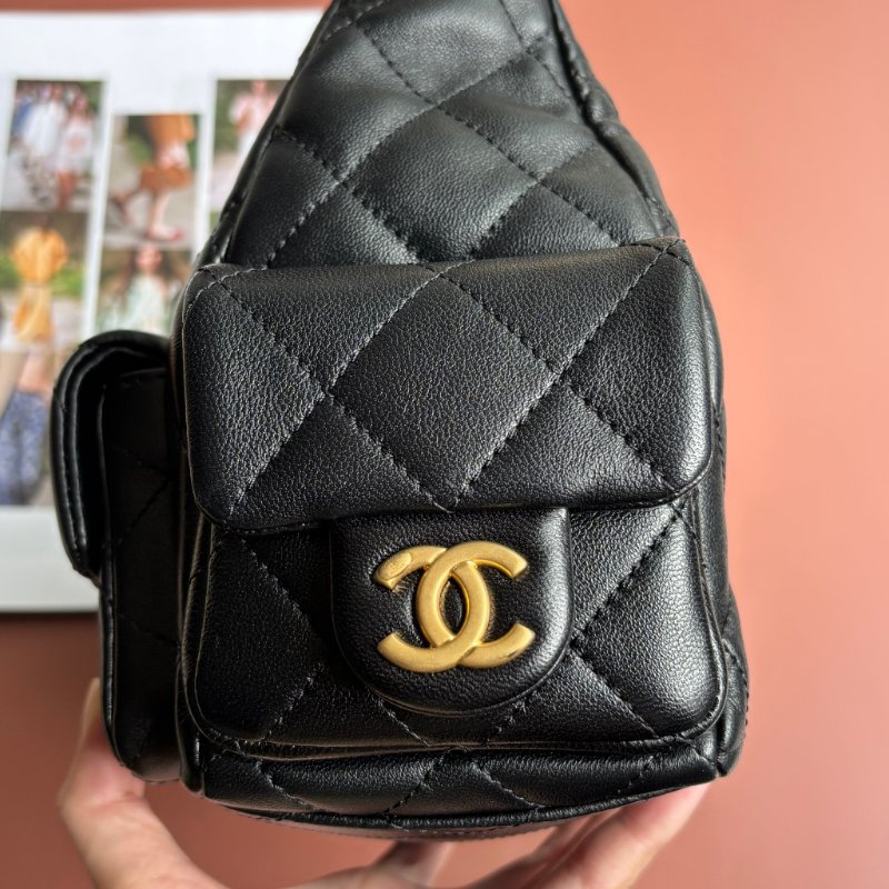 ::CHANEL:: AS5339 香奈兒 經典菱格黑色羊皮 霧金粗鍊肩背流浪包 HOBO 肩背包 腋下包-11