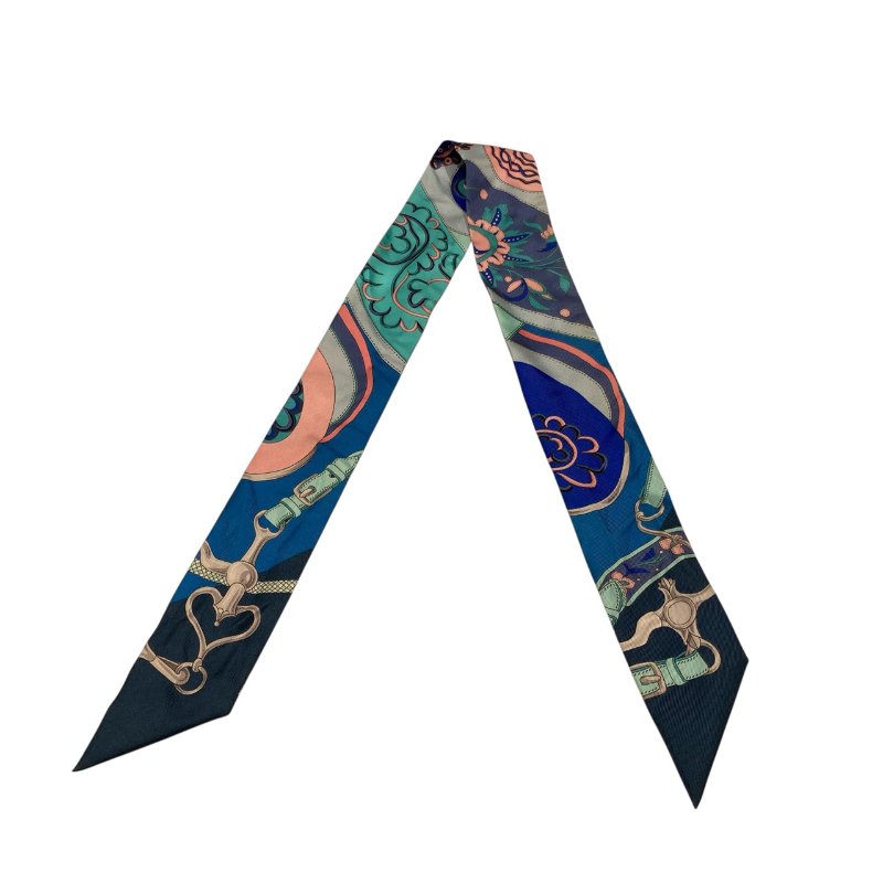HERMÈS 愛馬仕 花卉圖騰TWILLY 絲巾 鎖鏈圖騰 藍色 綠色 粉色 多色-0