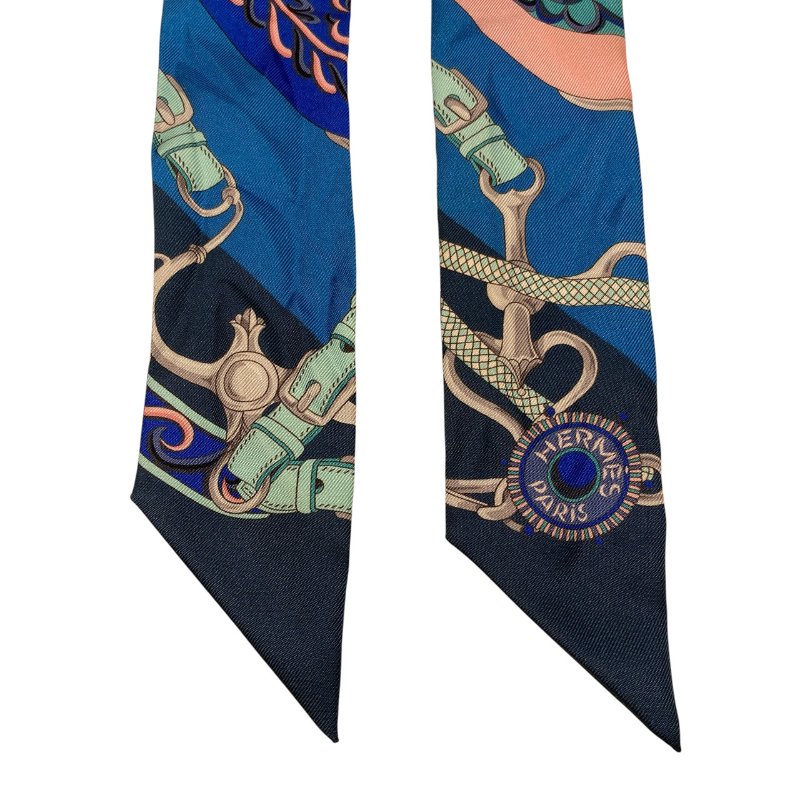HERMÈS 愛馬仕 花卉圖騰TWILLY 絲巾 鎖鏈圖騰 藍色 綠色 粉色 多色-1