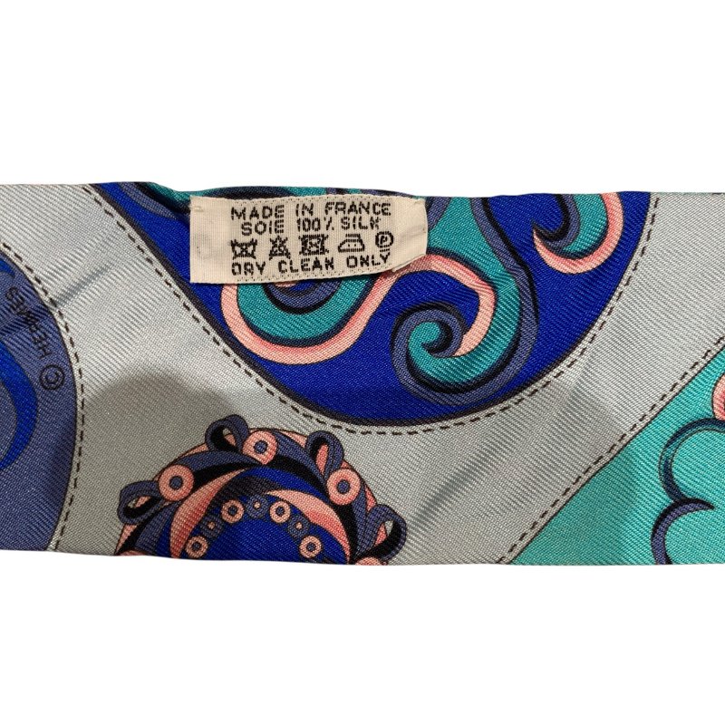 HERMÈS 愛馬仕 花卉圖騰TWILLY 絲巾 鎖鏈圖騰 藍色 綠色 粉色 多色-6