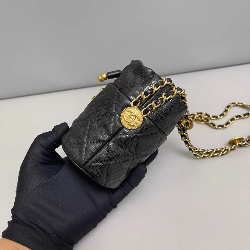 Chanel香奈兒2 黑金荔枝紋金幣迷你水桶包 芯片款-2