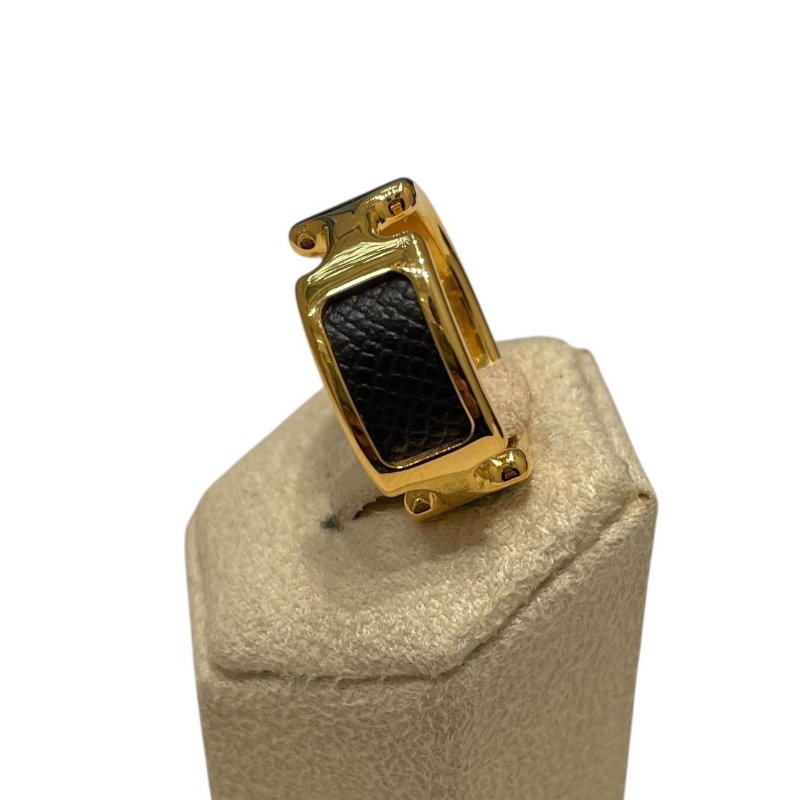 HERMES 愛馬仕 OLYMPE RING 合金/皮革 戒指 黑色 金色 52-6