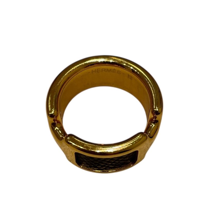 HERMES 愛馬仕 OLYMPE RING 合金/皮革 戒指 黑色 金色 52-7