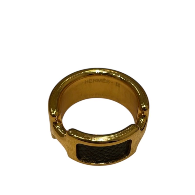 HERMES 愛馬仕 OLYMPE RING 合金/皮革 戒指 黑色 金色 52-8