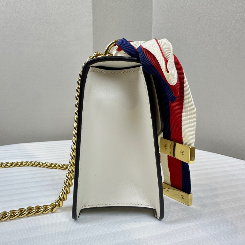 古馳/Gucci Sylvie Mini金扣白色牛皮 條紋織帶鏈條斜背包 17x7.5x14cm-2
