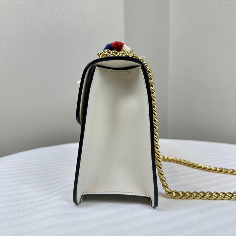古馳/Gucci Sylvie Mini金扣白色牛皮 條紋織帶鏈條斜背包 17x7.5x14cm-3