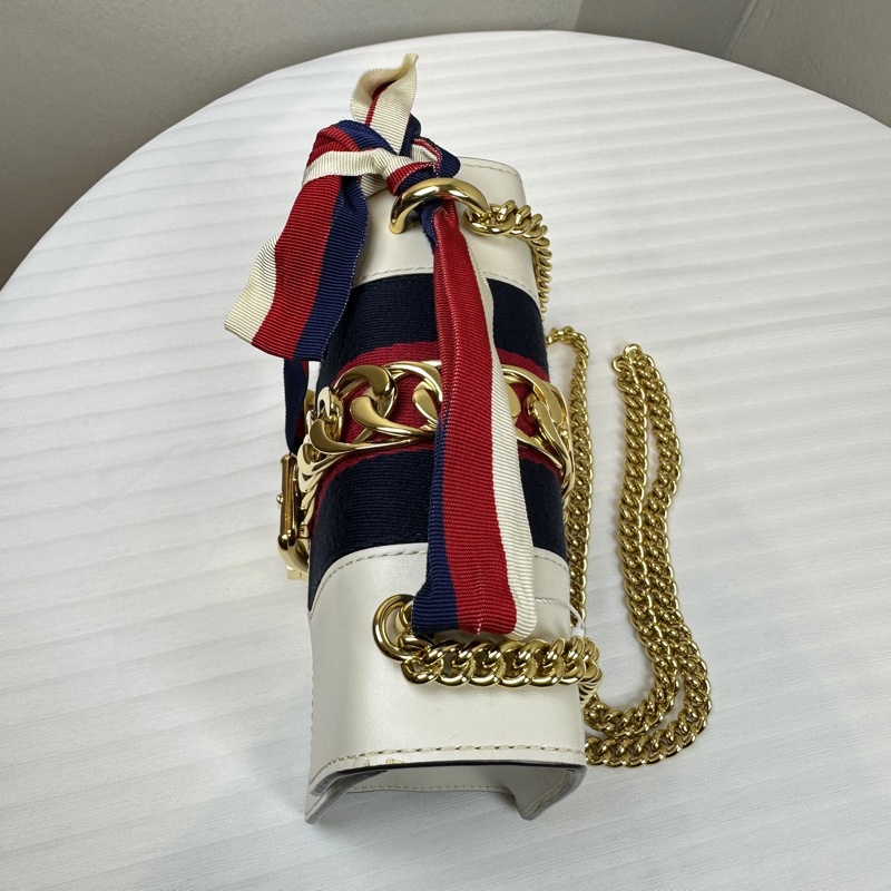 古馳/Gucci Sylvie Mini金扣白色牛皮 條紋織帶鏈條斜背包 17x7.5x14cm-4