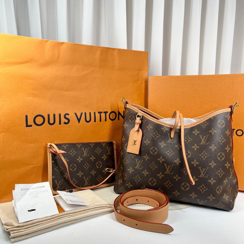 LV路易威登 24年全套 芯片款 Carryall PM小號子母包 經典老花滿印購物袋 塗層帆布拼牛皮飾邊 手提單肩包托特包 女款 棕色-0