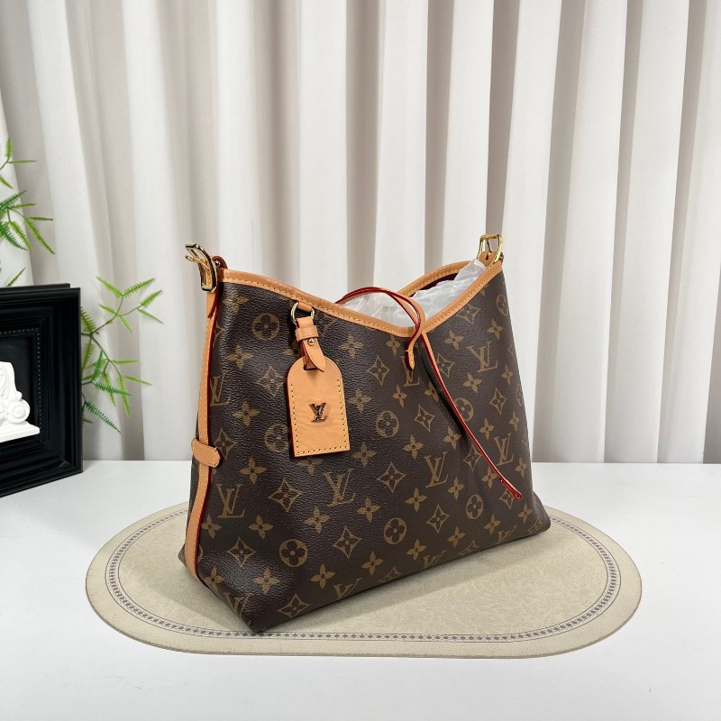 LV路易威登 24年全套 芯片款 Carryall PM小號子母包 經典老花滿印購物袋 塗層帆布拼牛皮飾邊 手提單肩包托特包 女款 棕色-2