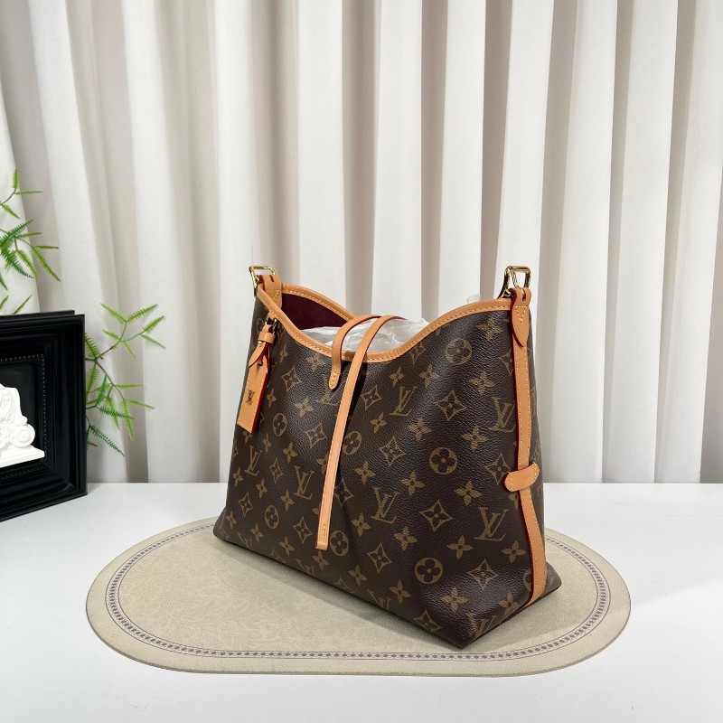 LV路易威登 24年全套 芯片款 Carryall PM小號子母包 經典老花滿印購物袋 塗層帆布拼牛皮飾邊 手提單肩包托特包 女款 棕色-3