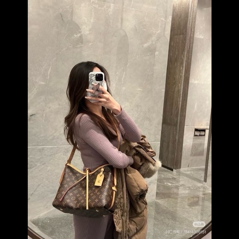 LV路易威登 24年全套 芯片款 Carryall PM小號子母包 經典老花滿印購物袋 塗層帆布拼牛皮飾邊 手提單肩包托特包 女款 棕色-5