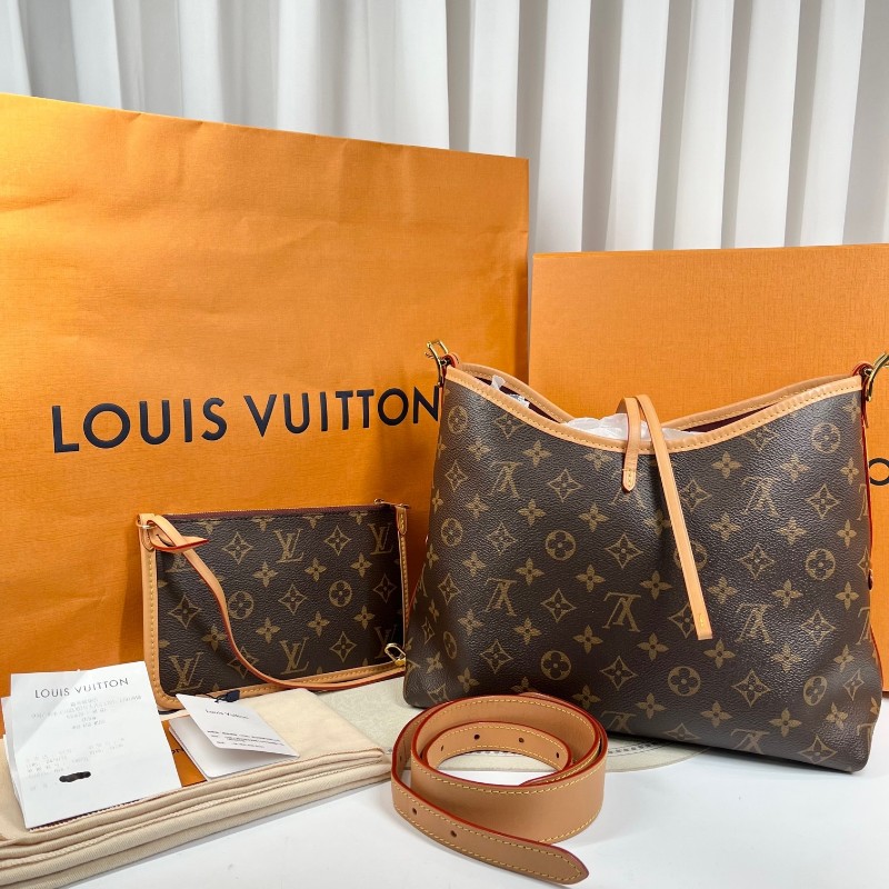 LV路易威登 24年全套 芯片款 Carryall PM小號子母包 經典老花滿印購物袋 塗層帆布拼牛皮飾邊 手提單肩包托特包 女款 棕色-8
