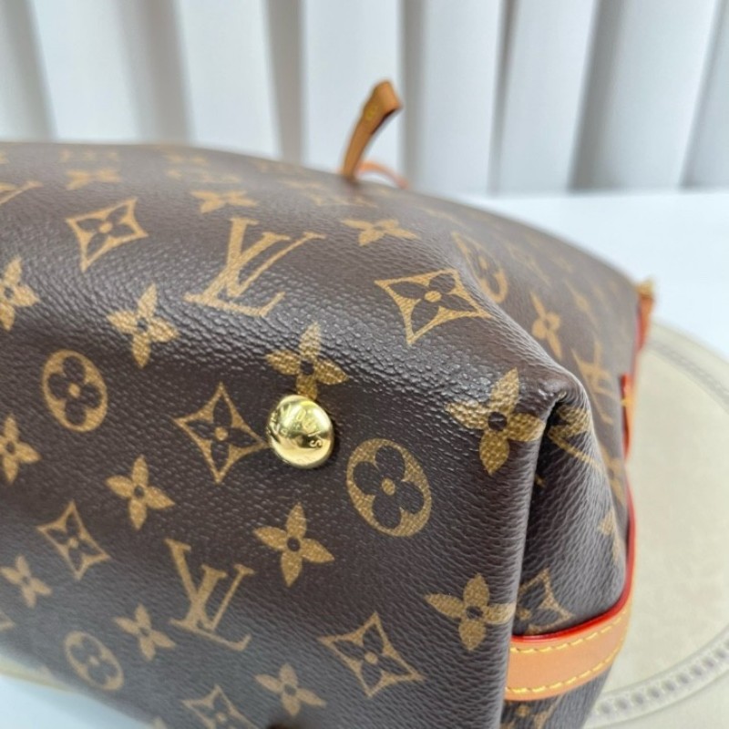 LV路易威登 24年全套 芯片款 Carryall PM小號子母包 經典老花滿印購物袋 塗層帆布拼牛皮飾邊 手提單肩包托特包 女款 棕色-11