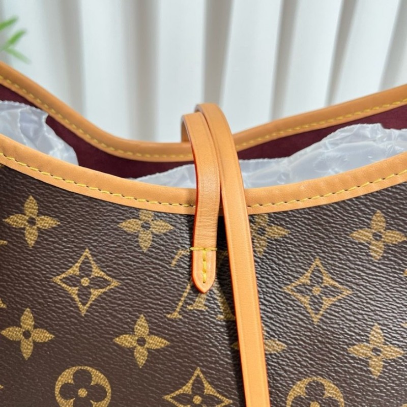 LV路易威登 24年全套 芯片款 Carryall PM小號子母包 經典老花滿印購物袋 塗層帆布拼牛皮飾邊 手提單肩包托特包 女款 棕色-23