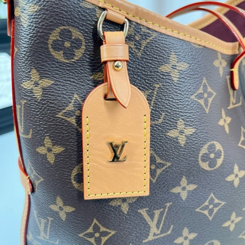 LV路易威登 24年全套 芯片款 Carryall PM小號子母包 經典老花滿印購物袋 塗層帆布拼牛皮飾邊 手提單肩包托特包 女款 棕色-24