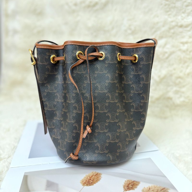 Celine 抽繩包 黃褐色 老花 塗層帆布拼牛皮 小號-0