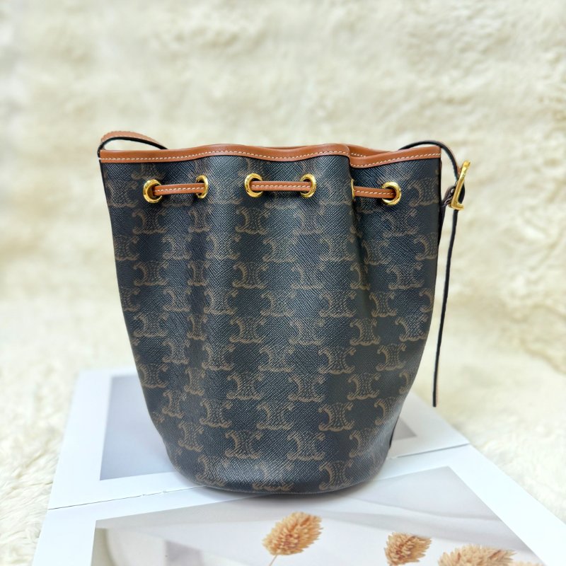 Celine 抽繩包 黃褐色 老花 塗層帆布拼牛皮 小號-1