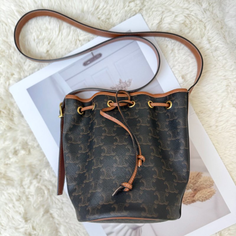 Celine 抽繩包 黃褐色 老花 塗層帆布拼牛皮 小號-2