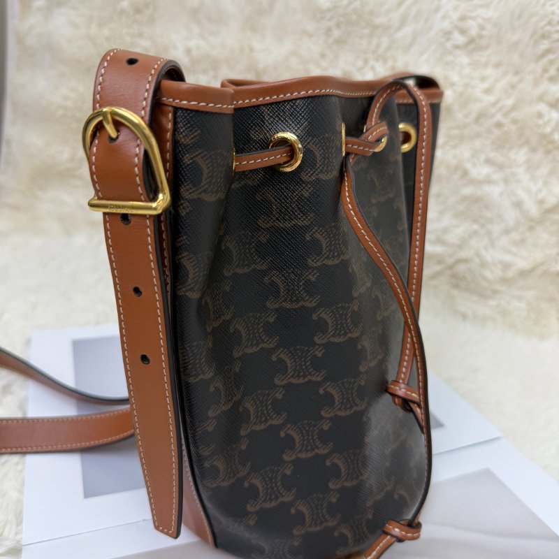 Celine 抽繩包 黃褐色 老花 塗層帆布拼牛皮 小號-3