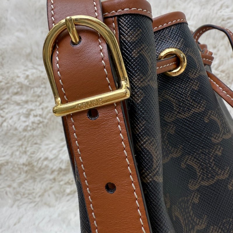 Celine 抽繩包 黃褐色 老花 塗層帆布拼牛皮 小號-4