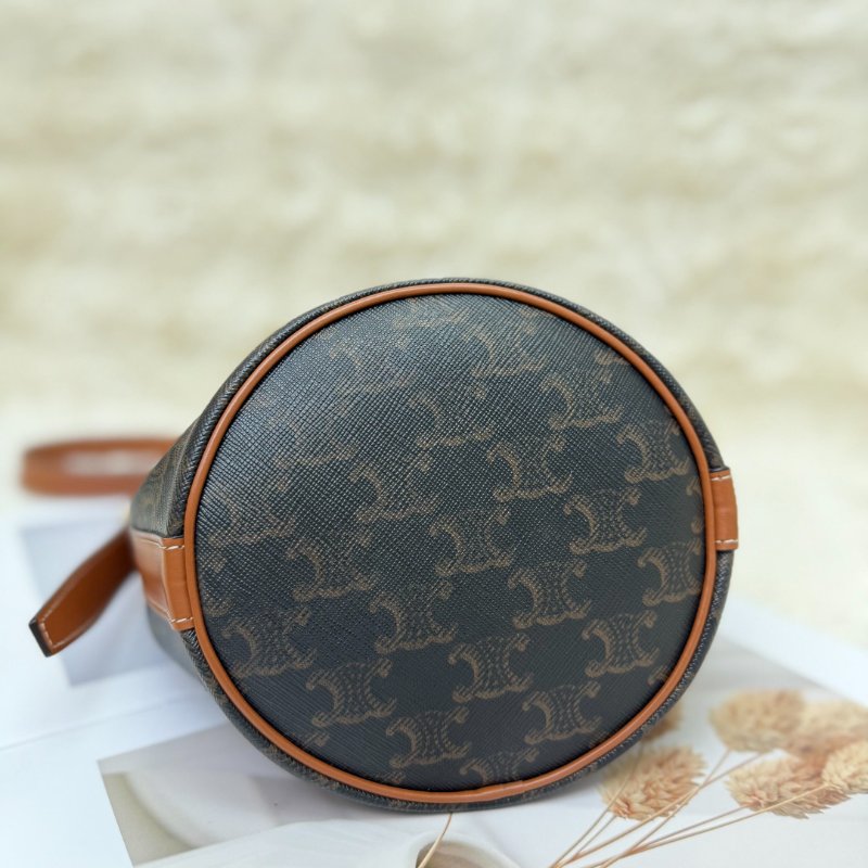 Celine 抽繩包 黃褐色 老花 塗層帆布拼牛皮 小號-5