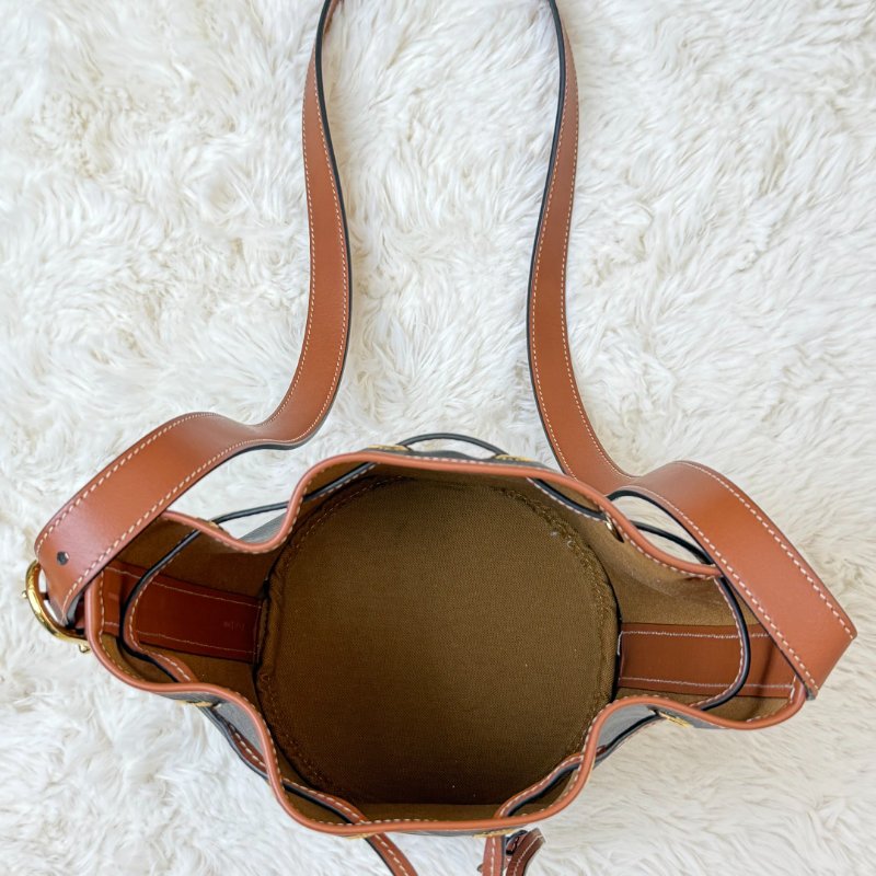 Celine 抽繩包 黃褐色 老花 塗層帆布拼牛皮 小號-6