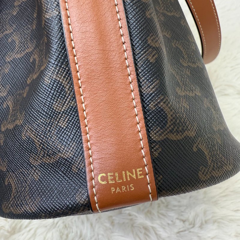 Celine 抽繩包 黃褐色 老花 塗層帆布拼牛皮 小號-7