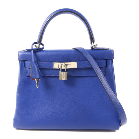 HERMES Evercolor皮革Kelly 28銀扣手挽肩背兩用袋Bleu Royal