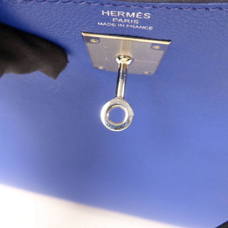 HERMES Evercolor皮革Kelly 28銀扣手挽肩背兩用袋Bleu Royal-9