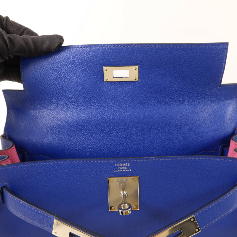 HERMES Evercolor皮革Kelly 28銀扣手挽肩背兩用袋Bleu Royal-12