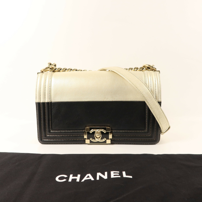 CHANEL 牛皮皮革Boy 25金扣鏈帶肩背袋-9