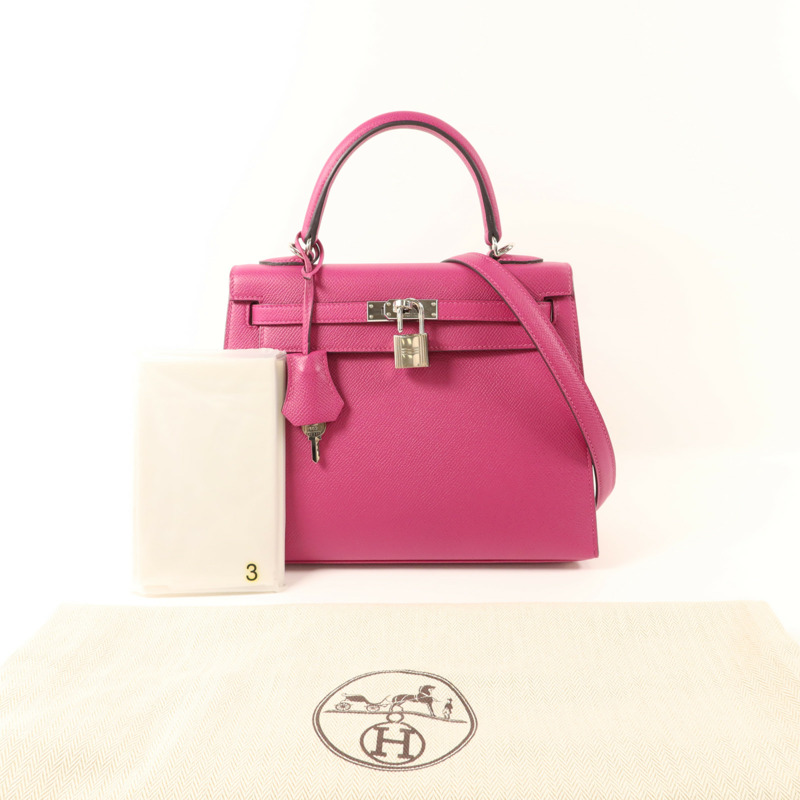 HERMES Epsom皮革Sac Kelly II Sellier 25銀扣手挽肩背兩用袋Rose Pourpre-8