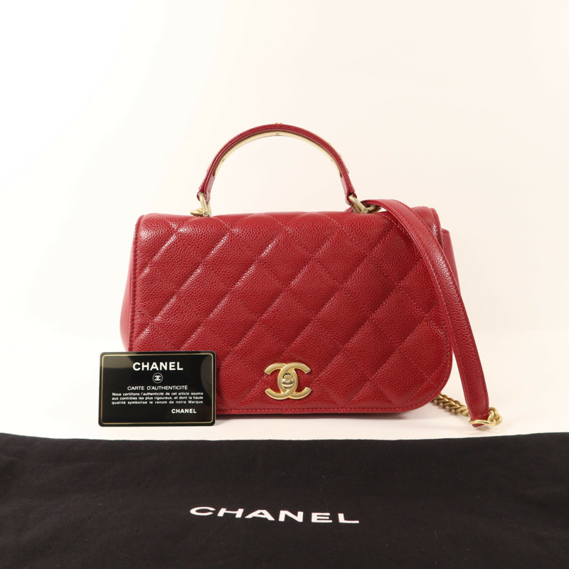 CHANEL 牛皮皮革Top Handle金扣鏈帶手挽肩背兩用袋-9