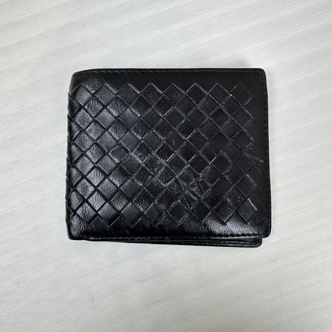 Bottega Veneta BV 黑色編織牛皮錢包 短款雙折皮夾10.5x1x9.5cm
