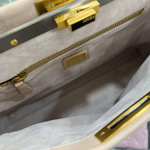 東區正精品㊣FENDI 8BN226 Peekaboo 中款粉膚色全皮銀釦躲貓貓手提包斜背包兩用包-4