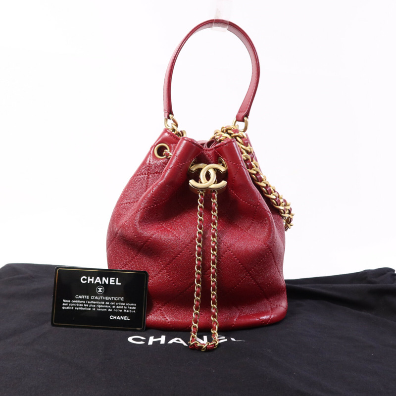 CHANEL 牛皮皮革Bucket Bag金扣鏈帶手挽肩背兩用袋-9