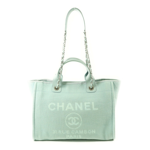 CHANEL 帆布Deauville Tote Bag銀扣手挽肩背兩用袋