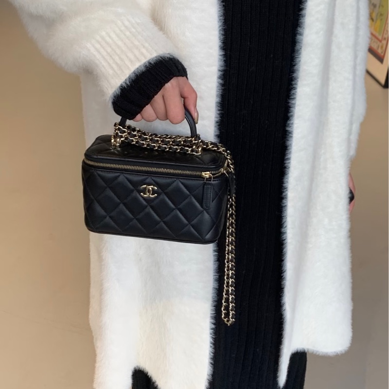 稀有提把款🥨香奈兒化妝盒Chanel黑金羊皮手提長盒子AP2199-1